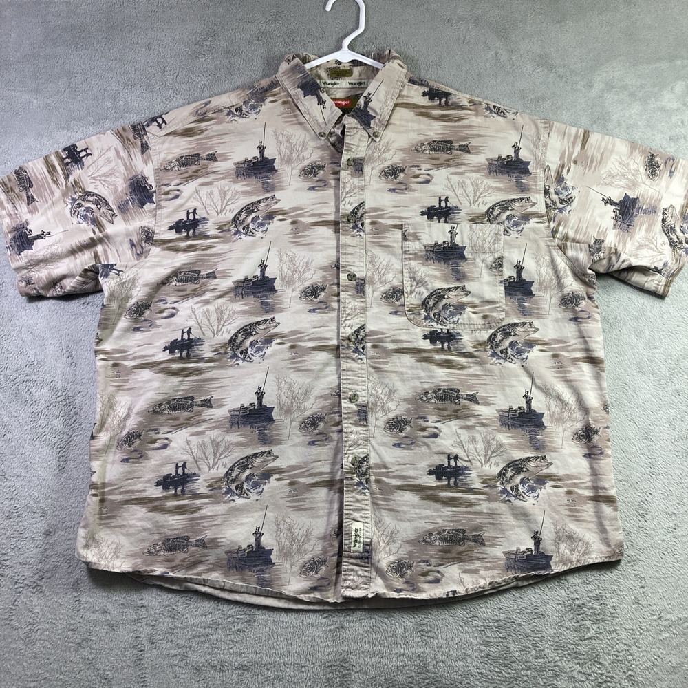 Wrangler Shirt Men 2XL XXL All Over Print Outdoor Gear Fishing Button Down SS